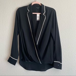 Ann Taylor NWT Black Crossover Blouse White Trim S